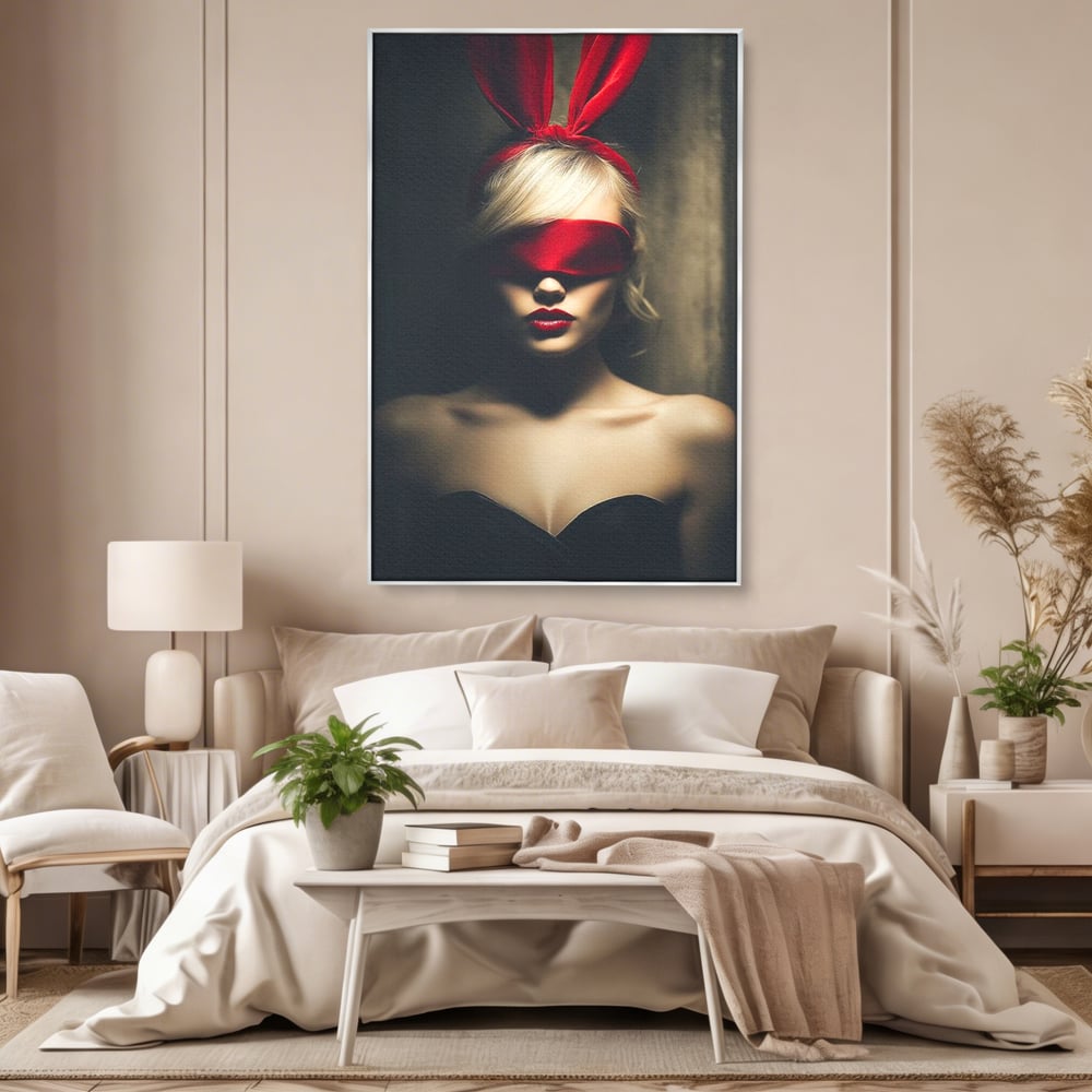 Tablou canvas cu tablou canvas cu femeie si urechi de iepuras, in rama de aluminiu argintiu, pe perete intr-un dormitor